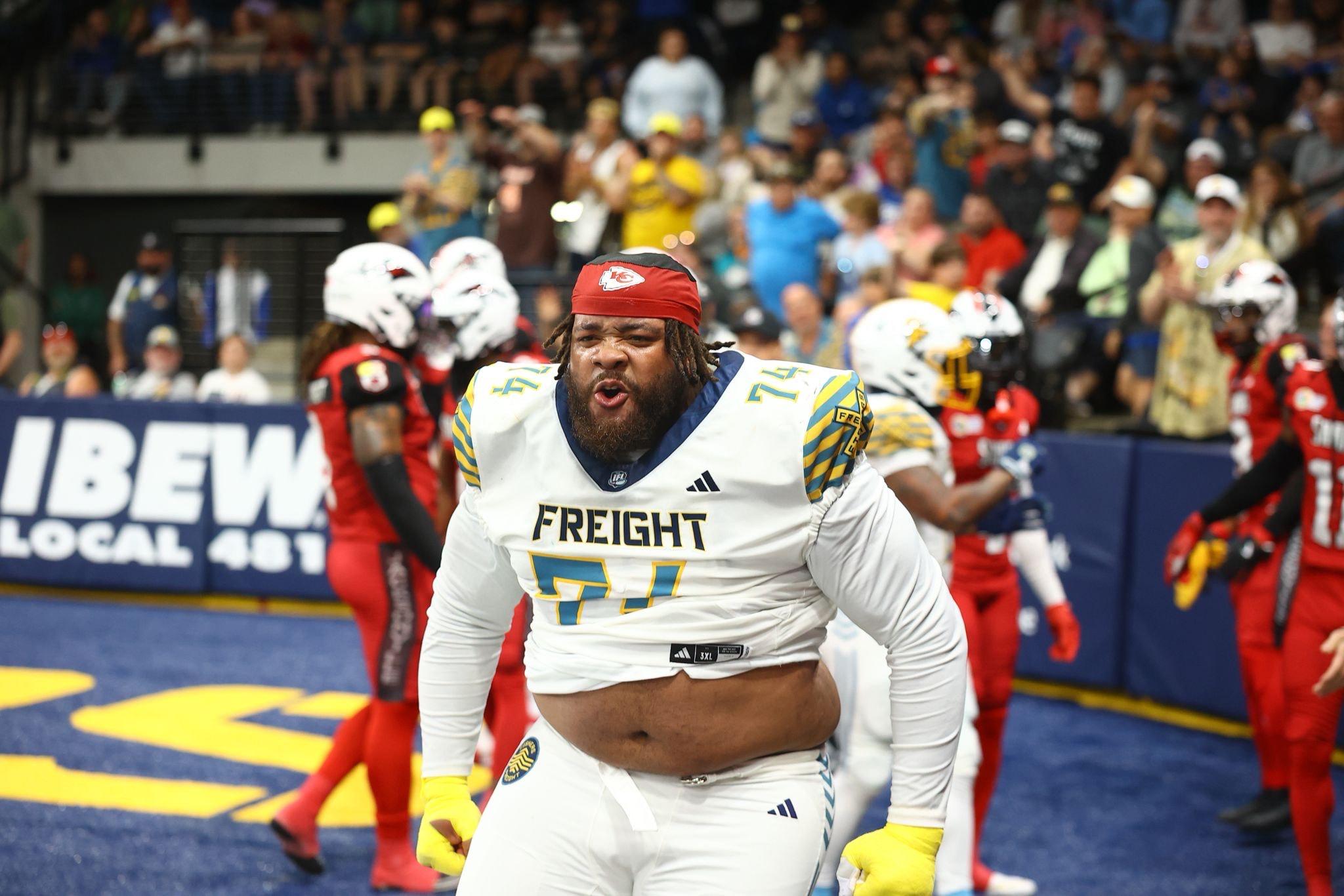 Jeremy Cooper of Indy Freight Football demonstrating pregame focus and intensity, a result of meditation and warmup rituals