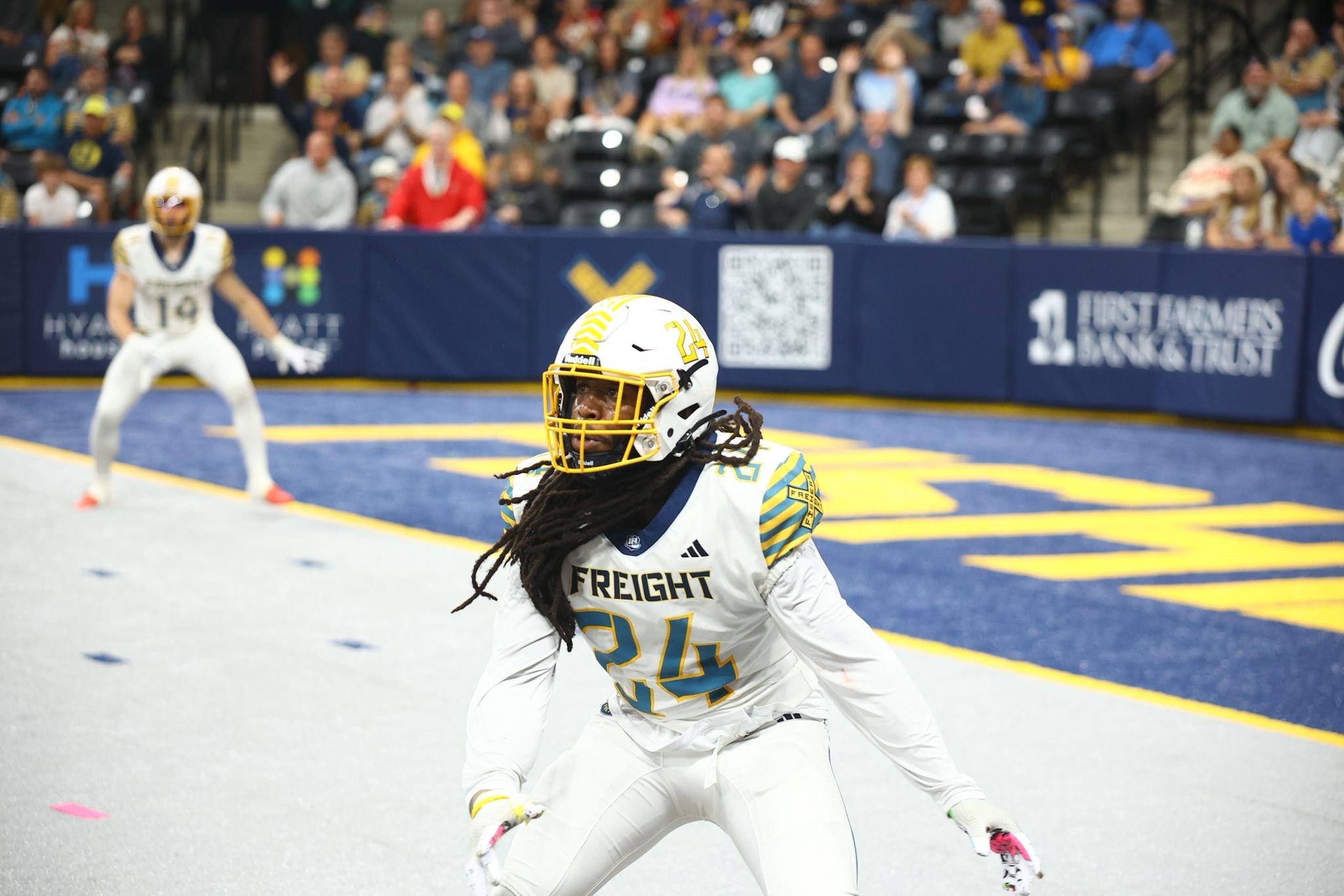 Tamar Heart of Indy Freight Football focused on the field, embodying his pregame ritual of breathing, prayer, and mental clarity